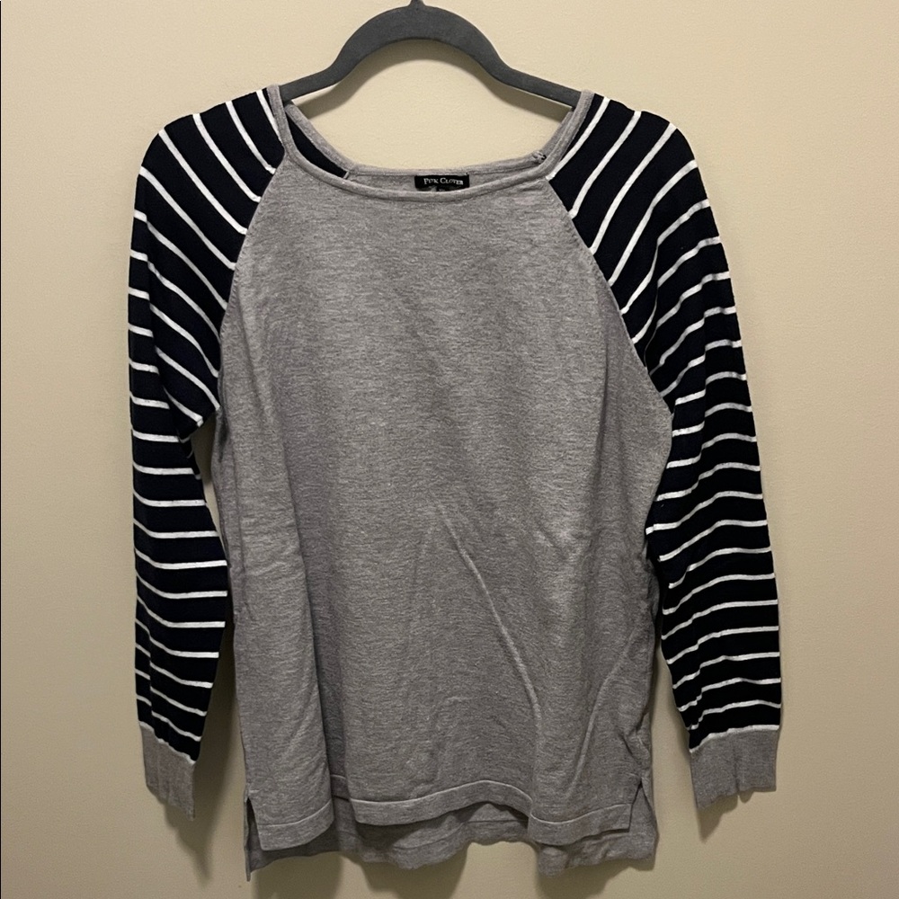 Pink Clover Gray Sweater with Black Striped Sleeves